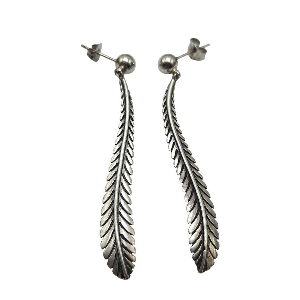 Sterling Silver Feather Drop Earrings With Ball Stud Design